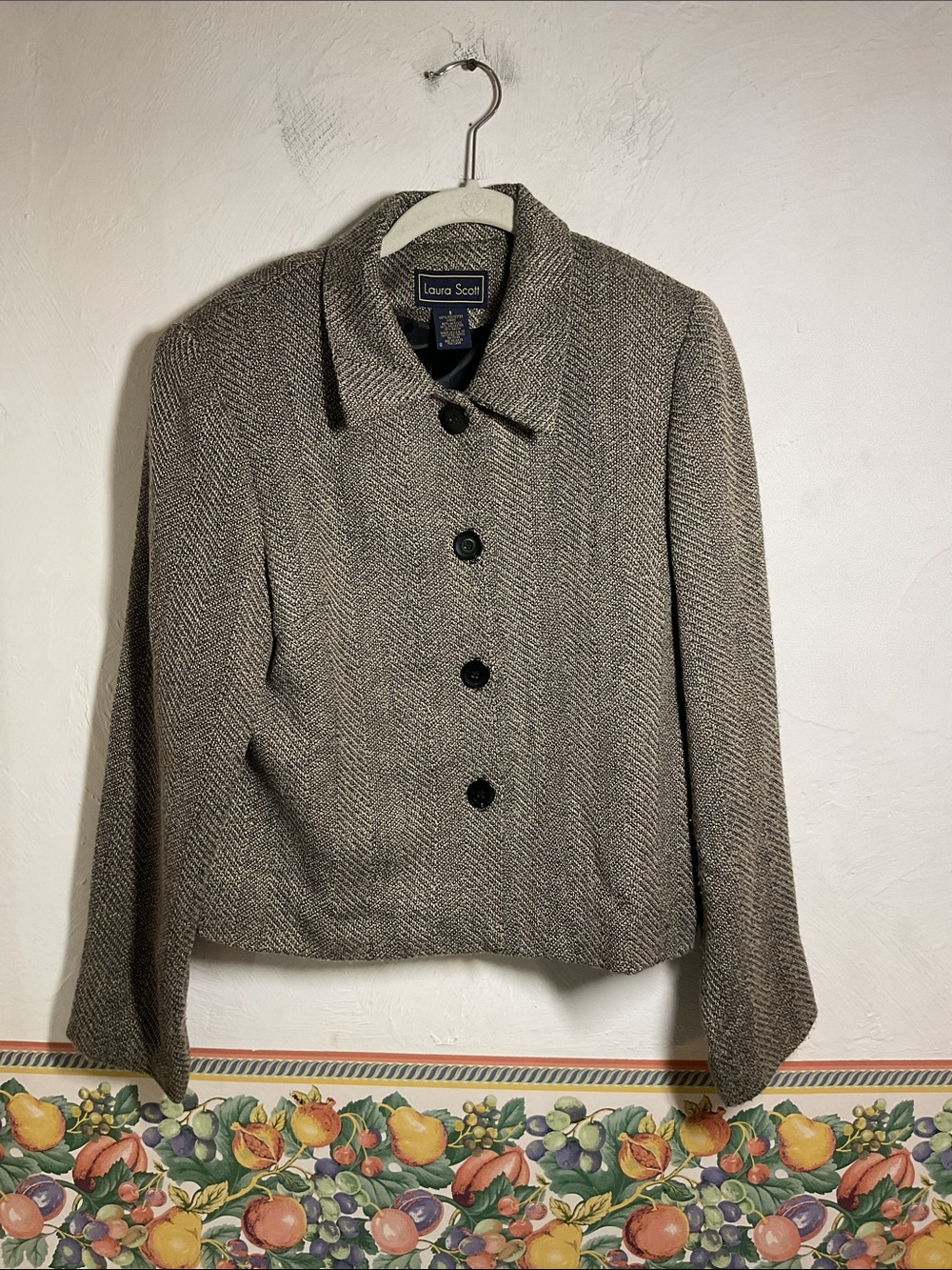 Vintage Laura Scott Chevron Tweed Blazer Jacket Size 8 Brown Tan Shoulder Pads